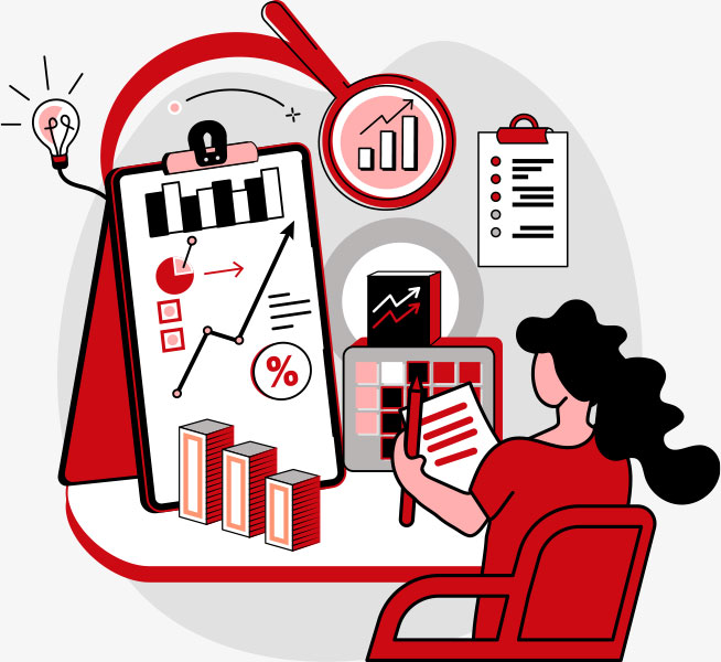 Illustration of a person sitting at a desk and reviewing business analytics, charts and graphs.