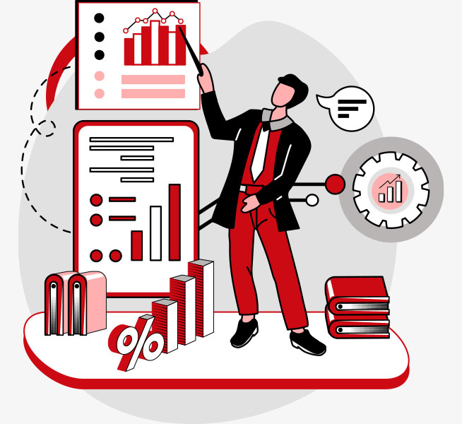 Illustration of a person pointing to business analytics, charts and graphs.