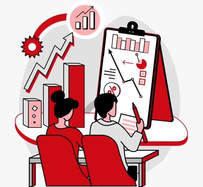 Illustration of two people consulting over business analytics, charts and graphs.