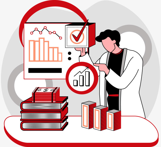 Illustration of a Person standing and presenting business analytics, charts and graphs.