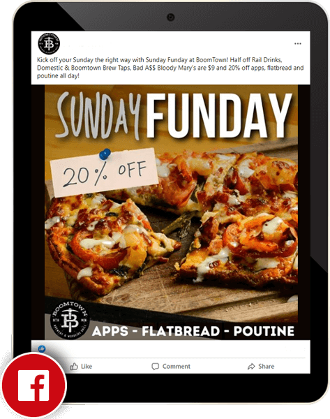 Tablet displaying a "Sunday Funday" pizza Facebook social media marketing post designed and managed by 240 Group.