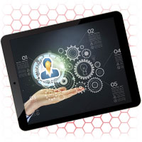 Tablet with gears and cogs, helping depict the fast updates 240 Group provides for website and social clients.