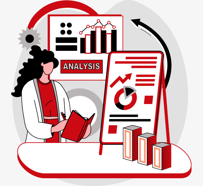 Illustration of a person reviewing business analytics, charts and graphs and writing in a notebook.