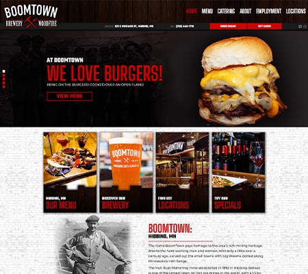 Example of Boomtown sports bar brewery, restaurant and catering website design by 240 Group in Elk River.