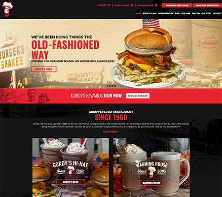 Example of Gordys Hi-Hat burger drive-in, food to-go, and ice cream shop website design by 240 Group in Ivanhoe.